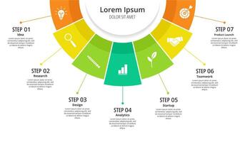 Semicircular pie chart. Round business chart with 7 steps process options, startup workflow. Circular diagram with color segments roadmap infographic for planning vector
