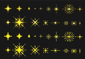 Pixel art sparkles and stars. 8 bit sparkle, shine pixel sparks and glitter. Yellow pixelated star, retro arcade game elements. Firework burst 90s and y2k style set vector