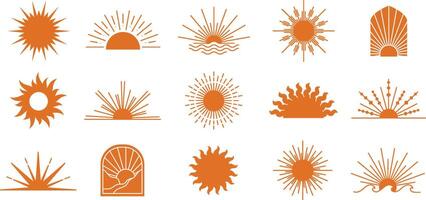 Boho sun silhouette icons. Boho sun emblem symbols of sunrise and sunset with rays, arch and wave shapes. Minimalist summer sunshine and dawn light solid signs set with editable stroke paths vector