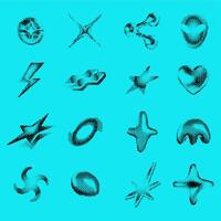 Pixel art Y2K stars. Bitmap star with dithering effect, abstract sci-fi icons halftone texture. Stars, alien and lightning, heart and molecule. Retro pixelated set vector