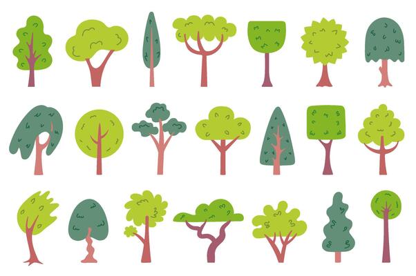 Simple tree. Forest, garden and park cartoon trees with leafy crowns, stylized trunks. Green woodland cute plant silhouettes for landscape scene. isolated set