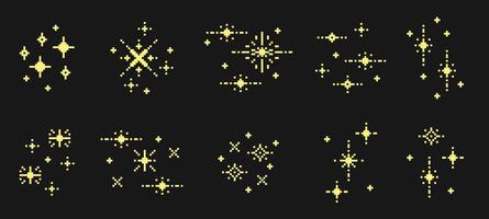 Pixel art sparkle glitter. Stars, 8 bit sparkles, shine pixel sparks. Golden pixelated space star, retro arcade game magic elements. Festive Christmas firework set vector