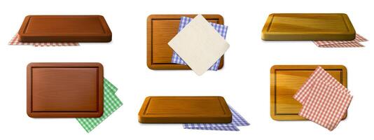 Realistic pizza board with napkins. Wooden rectangular cutting and chopping boards and plaid tablecloth. 3d wood tray and table cloth with gingham pattern. set vector