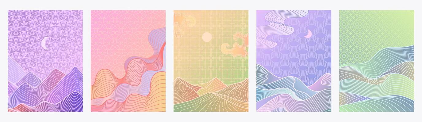 Linear mountain landscape. Line mountains and hills with traditional oriental pattern and pastel gradient, poster background. Abstract Japanese, Chinese wallpaper art