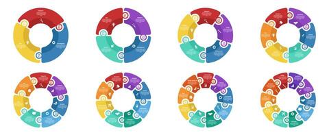 Circle diagram infographic templates. Round chart with business icons, 3 -10 step options or processes, step-by-step startup, project workflow. Circular infographics vector
