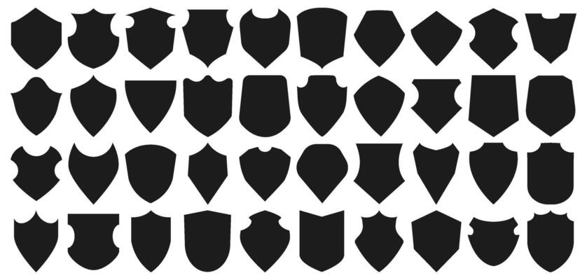 Shield icons. Security shields black icons. Medieval knight emblem shapes, vintage badges. silhouette protection retro logo, heraldic crest isolated set