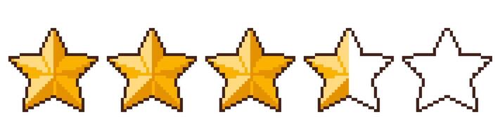 Pixel art rating stars. Five golden star feedback and customer review icons, retro 8 bit arcade game yellow elements. Pixelated score and level icons isolated set vector