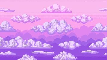 Pixel pink sky. Seamless 8 bit dreamy violet sky with clouds and purple sunset gradient. Peaceful dreamy landscape game background in 80s vaporwave nostalgic style vector