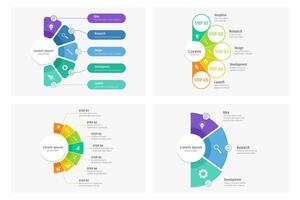 Semicircle pie chart infographic template. Business infographics with process stages. Half-circle fan diagram, progress workflow, circular segmented timeline. set vector