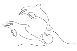 Continuous one line drawing of dolphin. Line Art. Hand drawn illustration of a cute couple of dolphins. One single line drawing of dolphin for company logo vector