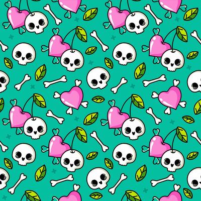 Cute skull seamless pattern on white with hearts. Multicolor Skulls background, Day of the Dead celebration