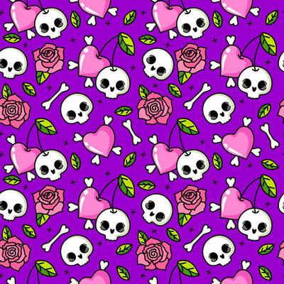 Cute skull seamless pattern on white with hearts and flowers. Multicolor Skulls background