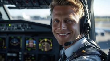 A smiling man in the cockpit of an airplane photo