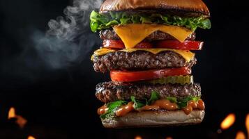 A large hamburger with cheese, lettuce, and tomato on top photo