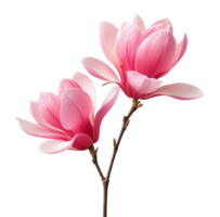 Two blooming magnolia liliiflora flowers on branch image isolated transparent. Floral blossoms cut out . Spring blooms. Botanical magnoliaceae cutout element object photography png