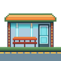 Colorful pixel art bus stop with bench and road setting png