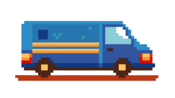 Pixel art blue delivery van with yellow stripes png