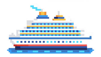 Cruise ship sailing through calm waters in a colorful pixel art style png