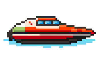 Speedboat cruising on calm waters in pixel art style with bright colors png