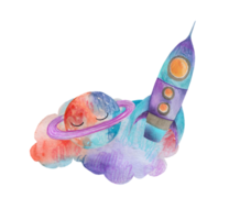 A rocket and a planet on a cloud are flying into space png