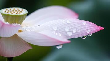 A close-up view of a pink lotus flower with soft petals covered in dew drops. The flower is situated in a tranquil pond, surrounded by lush greenery during the serene early morning hours photo