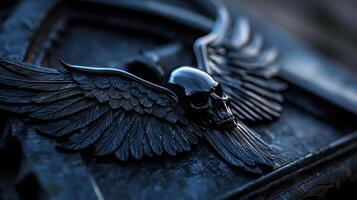 A black and silver winged skull with a black feather photo