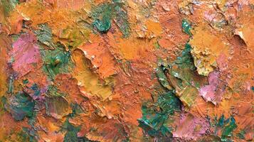 Bright, textured surface showcases a fusion of colors including orange, green, and pink. The dynamic layers add depth and movement to the artwork, illustrating creative expression photo