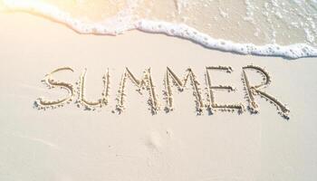 daylight summer background with finger written text on sand and sunny beach vibe photo