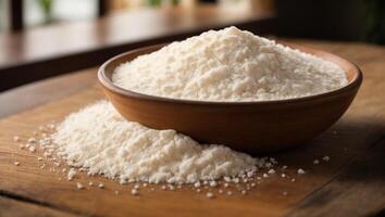 A bowl of white powder sitting on top of a wooden table photo