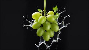 Grapes are being splashed with water on a black background photo