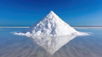 Large white salt pile reflects beautifully on calm water under clear blue sky creating peaceful natural scene photo