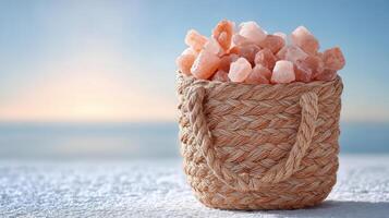 Pink salt rock in woven basket on textured surface with soft blue sky background creating calm and natural atmosphere photo