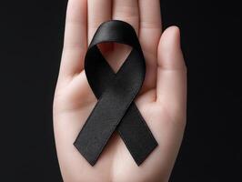 Black awareness ribbon on open palm hand symbolizing mourning and support for loss and grief photo