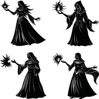 Silhouette set of witches holding magical orbs with hooded cloaks and gowns vector