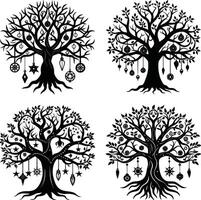 Ornamental tree silhouette collection with geometric decorations on branches and roots vector