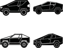 Black and white outline illustrations showcasing four different car design concepts vector