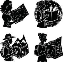 Female hikers with maps in black and white graphic style set vector