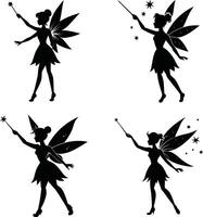 Black silhouette set of fairies with magic wands on white background vector