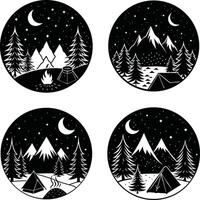 Black and white camping scenery set featuring mountains trees moon and stars vector