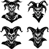 Collection of evil jester skull illustrations in black and white style vector