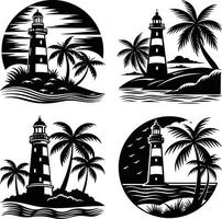 Lighthouse and palm tree silhouette collection set black and white graphic vector