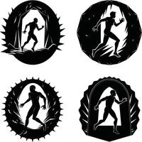 Silhouette man running through ornate gateways black and white graphics vector