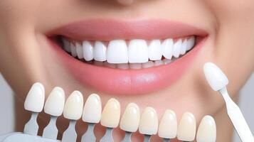Close up of smiling mouth showing white teeth with dental shade guide for teeth whitening comparison and bright smile photo