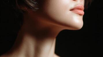 Soft light highlights smooth skin and delicate lips of woman neck and jawline in close up portrait with dark background photo