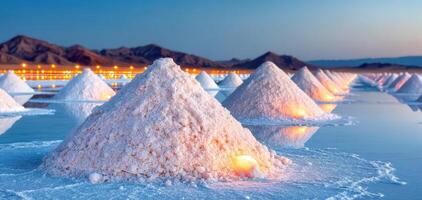 Salt piles at salt flat during sunset with mountains in background and glowing reflections on water surface photo
