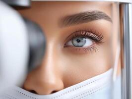 Close up of blue eye undergoing glaucoma test in optical clinic with protective face mask, showing detailed eyelashes and skin texture photo
