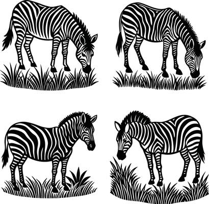 Zebra graphic set black and white african wildlife illustrations on grass