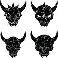 Set of black devil skull illustrations with horns and crack texture vector