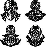 Robot skull head illustration collection set in black and white style vector