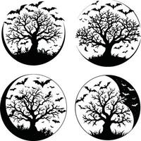 Spooky halloween designs set of circular silhouettes featuring bats and bare trees vector